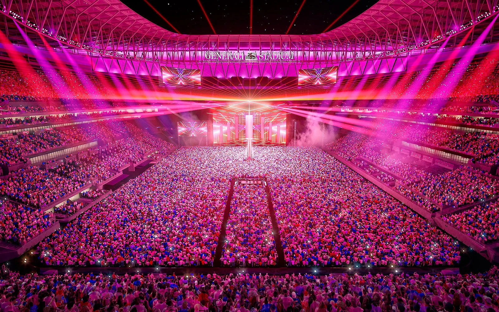 Rendering del Generali Stadium allestito per un concerto, con palco e pubblico sul terreno di gioco