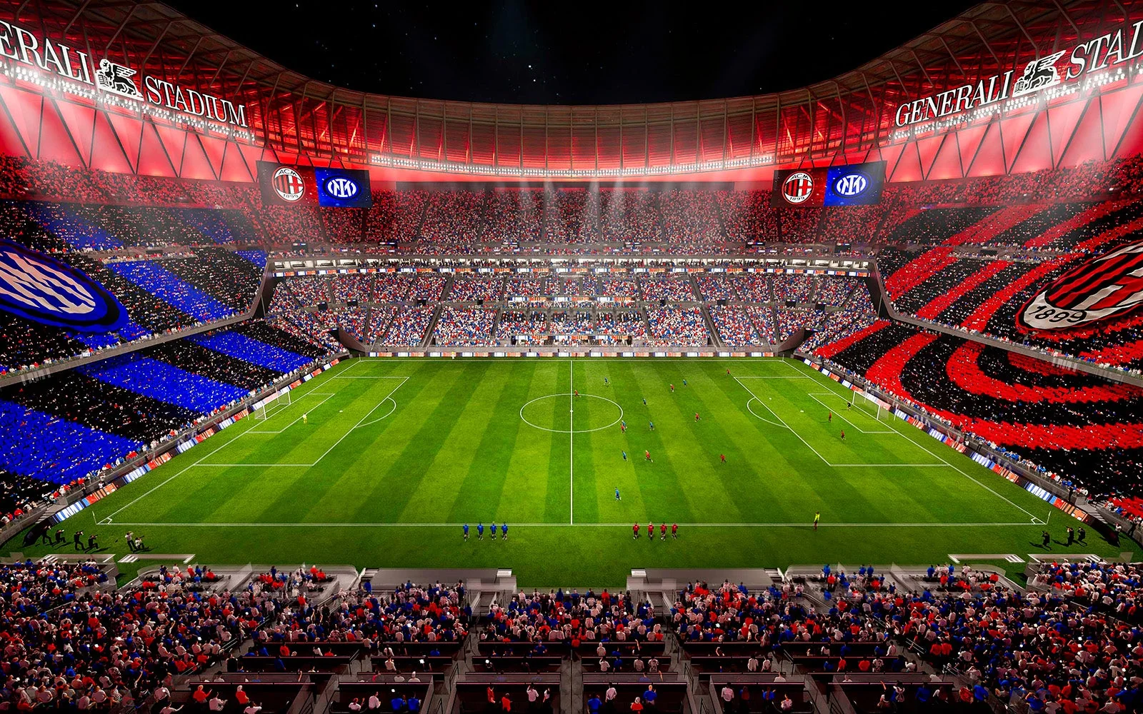 Rendering del Generali Stadium durante un derby, con le tribune di Milan e Inter attorno al campo