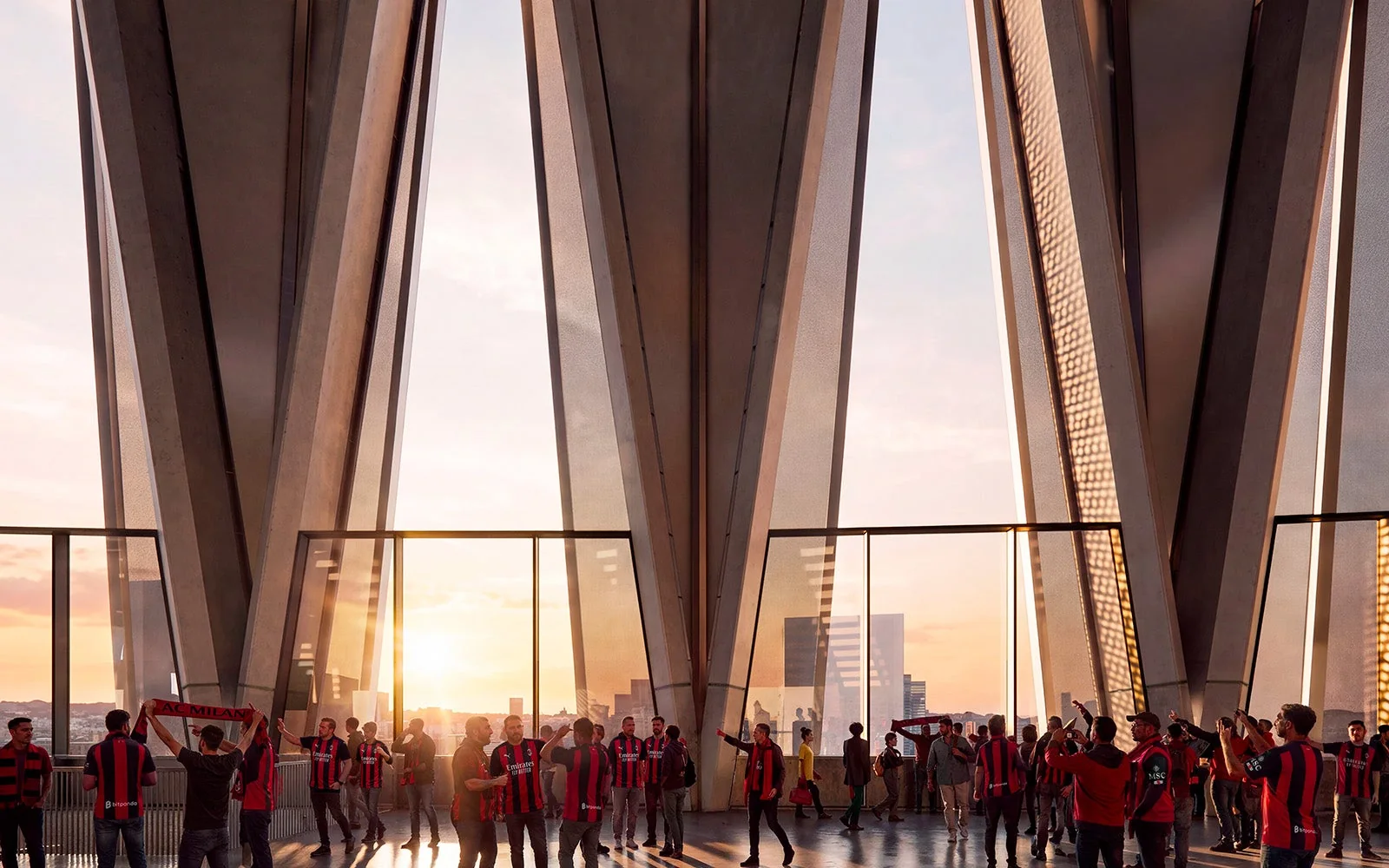 Rendering del percorso panoramico del Generali Stadium affacciato su Milano al tramonto